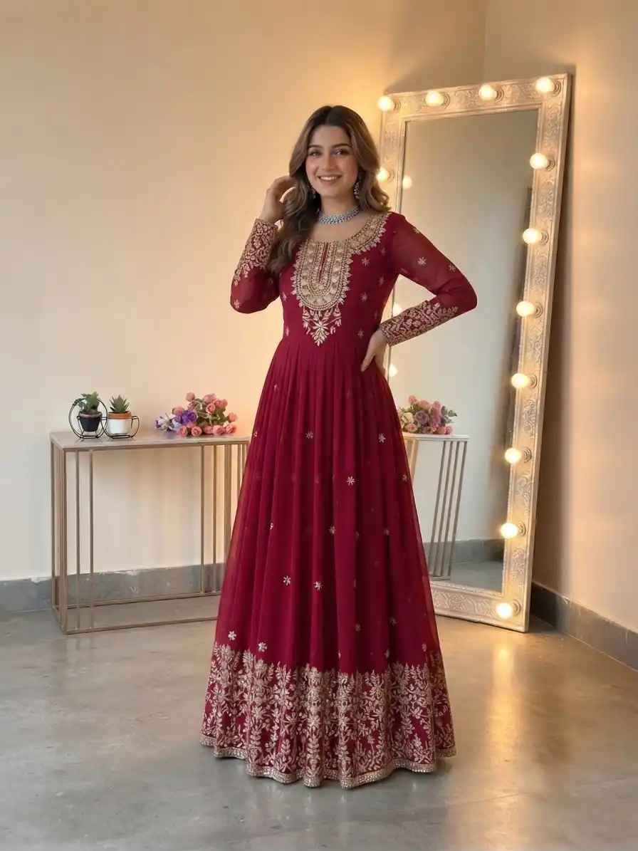 SSR 546 Red in Georgette Embroidery Work & Sequins Work Gown . Get it for ₹2149. Delivery 4-6 Working Days. Online Shop now. | Bollywood Gowns, Creative Gowns, Designer Gowns, Embroidered Gowns, Gowns, Party Wear Gowns