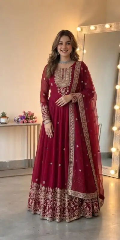 SSR 546 Red in Georgette Embroidery Work & Sequins Work Gown . Get it for ₹2149. Delivery 4-6 Working Days. Online Shop now. | Bollywood Gowns, Creative Gowns, Designer Gowns, Embroidered Gowns, Gowns, Party Wear Gowns