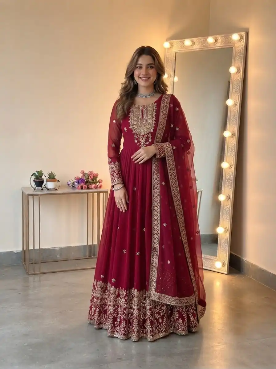 SSR 546 Red in Georgette Embroidery Work & Sequins Work Gown . Get it for ₹2149. Delivery 4-6 Working Days. Online Shop now. | Bollywood Gowns, Creative Gowns, Designer Gowns, Embroidered Gowns, Gowns, Party Wear Gowns
