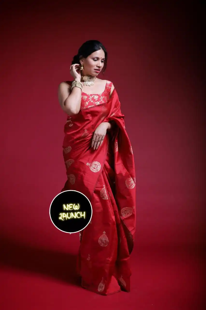 KP 2072 Red Color Yellow Soft Lichi Silk Saree with Jacquard Work. Best Price ₹1299. Delivery 4-6 Working Days. Shop now. | Bollywood Sarees, Creative Sarees, Designer Sarees, Embroidered Sarees, Ethnic Saree, Modern Digital sarees, Party Wear Sarees, Sarees