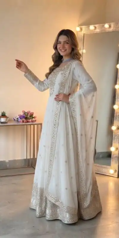 SSR 546 White in Georgette Embroidery Work & Sequins Work Gown . Get it for ₹2149. Delivery 4-6 Working Days. Online Shop now. | Bollywood Gowns, Creative Gowns, Designer Gowns, Embroidered Gowns, Gowns, Party Wear Gowns