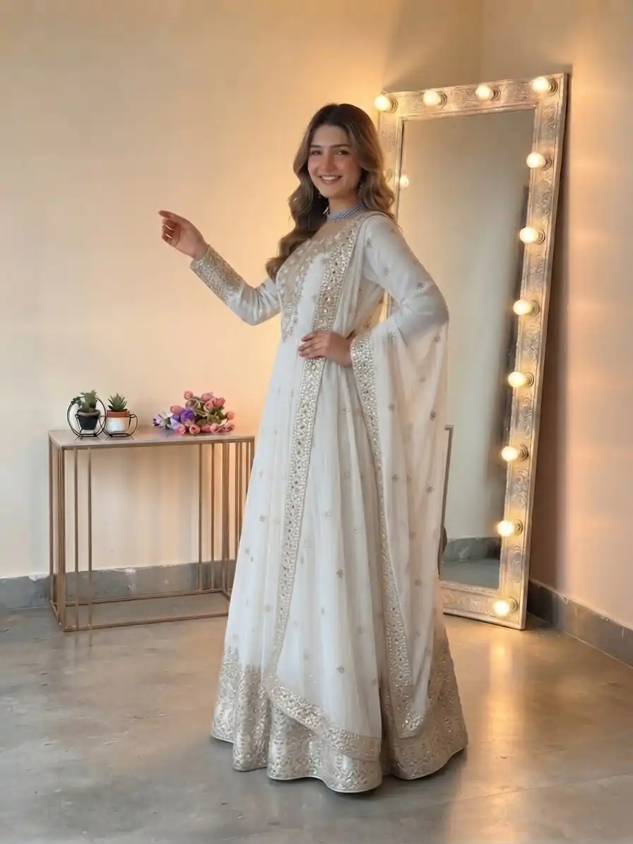 SSR 546 White in Georgette Embroidery Work & Sequins Work Gown . Get it for ₹2149. Delivery 4-6 Working Days. Online Shop now. | Bollywood Gowns, Creative Gowns, Designer Gowns, Embroidered Gowns, Gowns, Party Wear Gowns