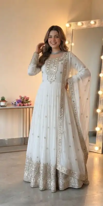 SSR 546 White in Georgette Embroidery Work & Sequins Work Gown . Get it for ₹2149. Delivery 4-6 Working Days. Online Shop now. | Bollywood Gowns, Creative Gowns, Designer Gowns, Embroidered Gowns, Gowns, Party Wear Gowns