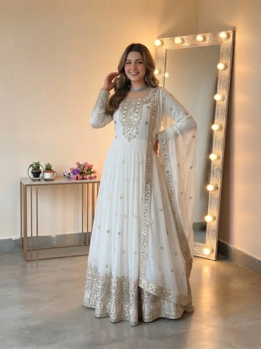 SSR 546 White in Georgette Embroidery Work & Sequins Work Gown . Get it for ₹2149. Delivery 4-6 Working Days. Online Shop now. | Bollywood Gowns, Creative Gowns, Designer Gowns, Embroidered Gowns, Gowns, Party Wear Gowns