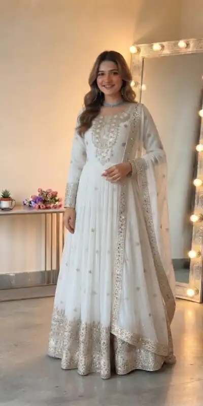 SSR 546 White in Georgette Embroidery Work & Sequins Work Gown . Get it for ₹2149. Delivery 4-6 Working Days. Online Shop now. | Bollywood Gowns, Creative Gowns, Designer Gowns, Embroidered Gowns, Gowns, Party Wear Gowns