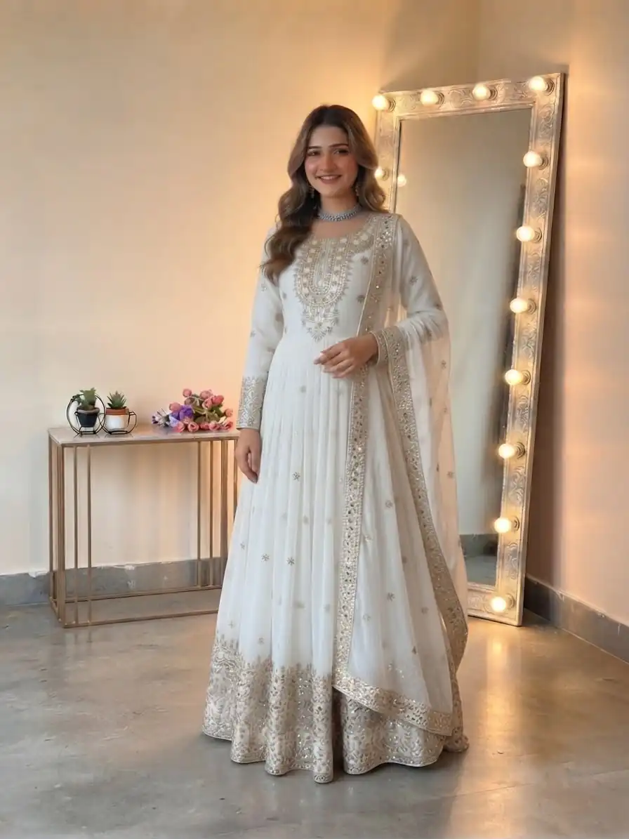 SSR 546 White in Georgette Embroidery Work & Sequins Work Gown . Get it for ₹2149. Delivery 4-6 Working Days. Online Shop now. | Bollywood Gowns, Creative Gowns, Designer Gowns, Embroidered Gowns, Gowns, Party Wear Gowns