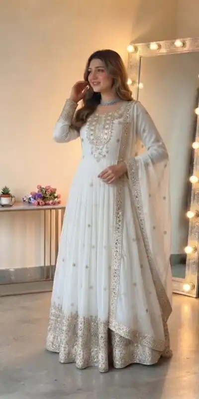 SSR 546 White in Georgette Embroidery Work & Sequins Work Gown . Get it for ₹2149. Delivery 4-6 Working Days. Online Shop now. | Bollywood Gowns, Creative Gowns, Designer Gowns, Embroidered Gowns, Gowns, Party Wear Gowns
