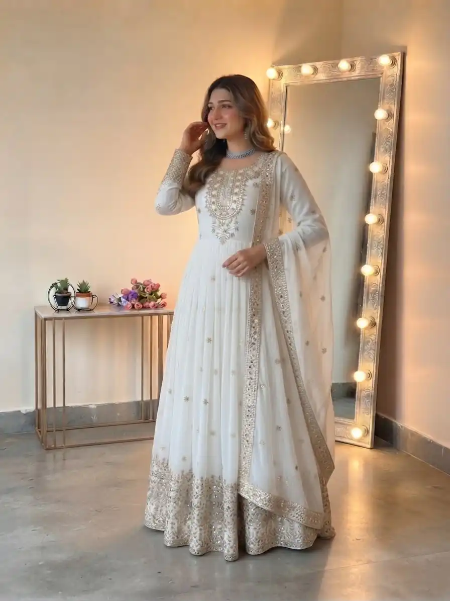 SSR 546 White in Georgette Embroidery Work & Sequins Work Gown . Get it for ₹2149. Delivery 4-6 Working Days. Online Shop now. | Bollywood Gowns, Creative Gowns, Designer Gowns, Embroidered Gowns, Gowns, Party Wear Gowns