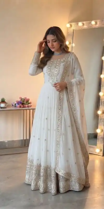 SSR 546 White in Georgette Embroidery Work & Sequins Work Gown . Get it for ₹2149. Delivery 4-6 Working Days. Online Shop now. | Bollywood Gowns, Creative Gowns, Designer Gowns, Embroidered Gowns, Gowns, Party Wear Gowns