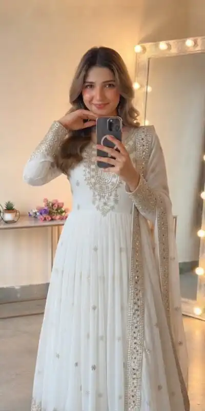 SSR 546 White in Georgette Embroidery Work & Sequins Work Gown . Get it for ₹2149. Delivery 4-6 Working Days. Online Shop now. | Bollywood Gowns, Creative Gowns, Designer Gowns, Embroidered Gowns, Gowns, Party Wear Gowns