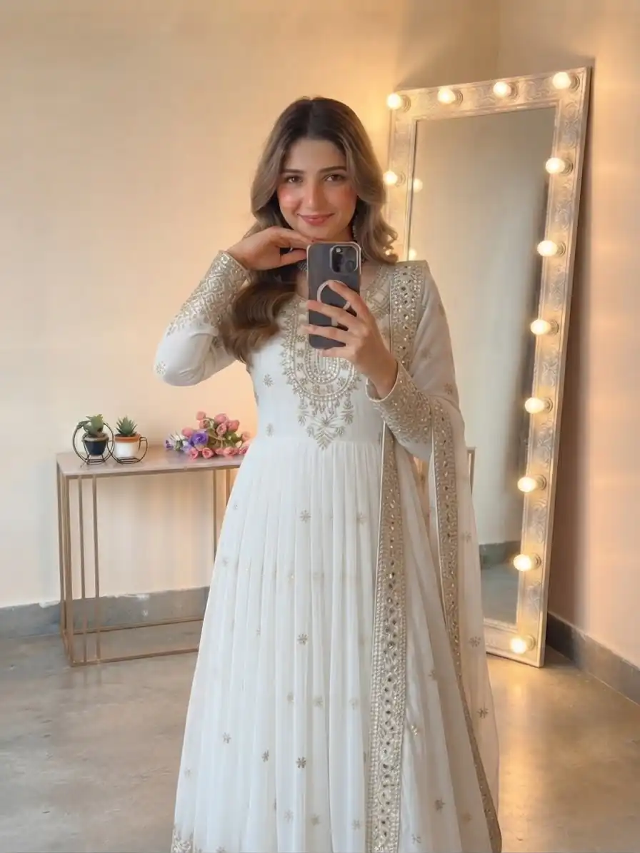 SSR 546 White in Georgette Embroidery Work & Sequins Work Gown . Get it for ₹2149. Delivery 4-6 Working Days. Online Shop now. | Bollywood Gowns, Creative Gowns, Designer Gowns, Embroidered Gowns, Gowns, Party Wear Gowns