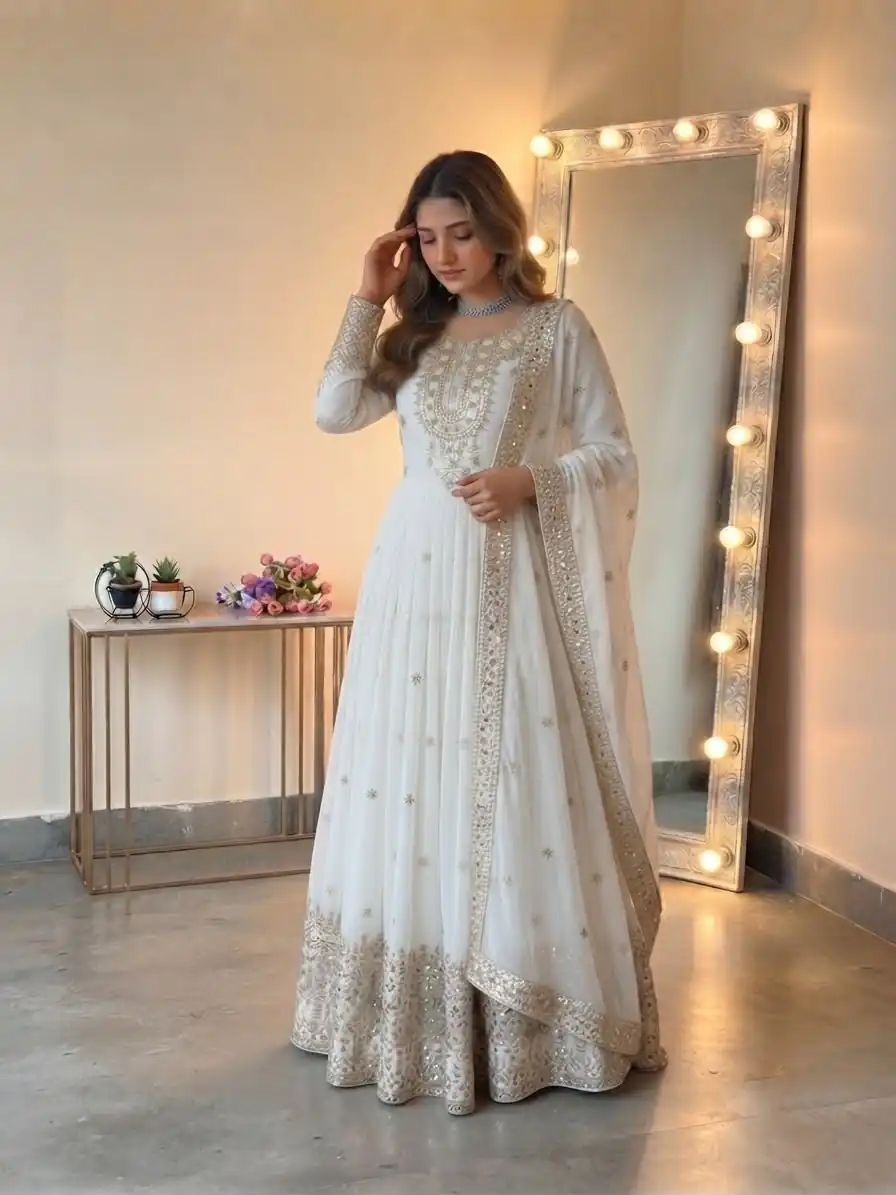 SSR 546 White in Georgette Embroidery Work & Sequins Work Gown . Get it for ₹2149. Delivery 4-6 Working Days. Online Shop now. | Bollywood Gowns, Creative Gowns, Designer Gowns, Embroidered Gowns, Gowns, Party Wear Gowns