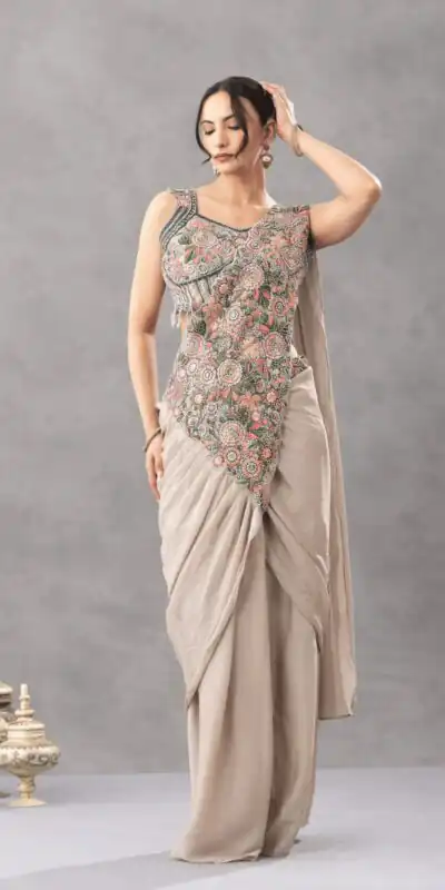 ST 1180 Chiku in Chiku Chinon. Embroidery Work Gorgeous Saree Wedding, Party, Festive, Events, Grab it for ₹1899. Delivery 4-6 Working Days. Shop now. | Bollywood Sarees, Creative Sarees, Designer Sarees, Embroidered Sarees, Ethnic Saree, Modern Digital sarees, Party Wear Sarees, Sarees