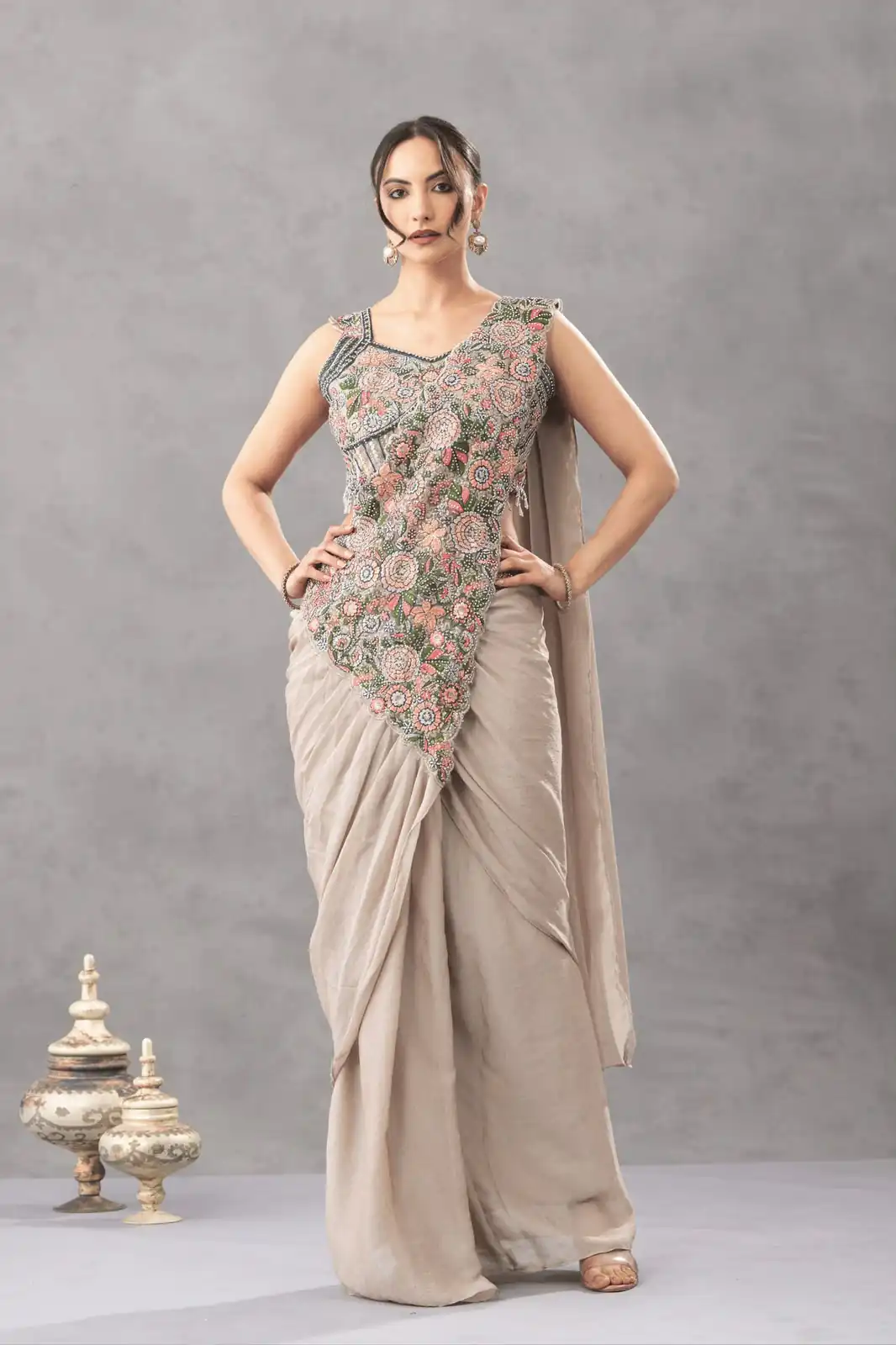 ST 1180 Chiku in Chiku Chinon. Embroidery Work Gorgeous Saree Wedding, Party, Festive, Events, Grab it for ₹1899. Delivery 4-6 Working Days. Shop now. | Bollywood Sarees, Creative Sarees, Designer Sarees, Embroidered Sarees, Ethnic Saree, Modern Digital sarees, Party Wear Sarees, Sarees