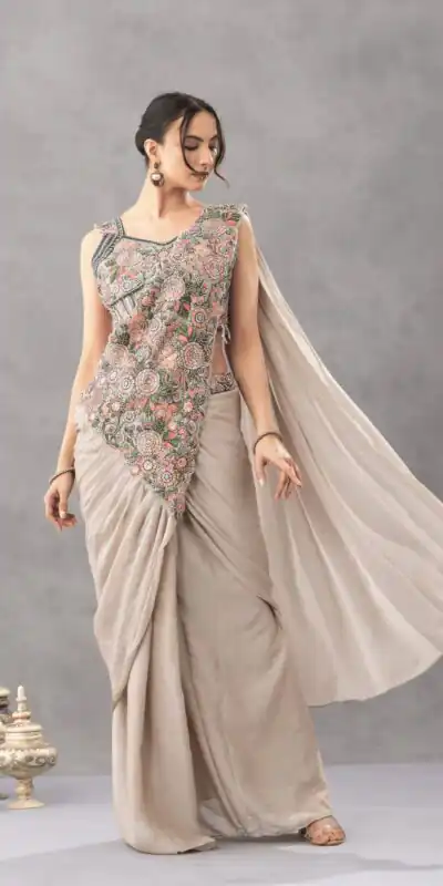 ST 1180 Chiku in Chiku Chinon. Embroidery Work Gorgeous Saree Wedding, Party, Festive, Events, Grab it for ₹1899. Delivery 4-6 Working Days. Shop now. | Bollywood Sarees, Creative Sarees, Designer Sarees, Embroidered Sarees, Ethnic Saree, Modern Digital sarees, Party Wear Sarees, Sarees