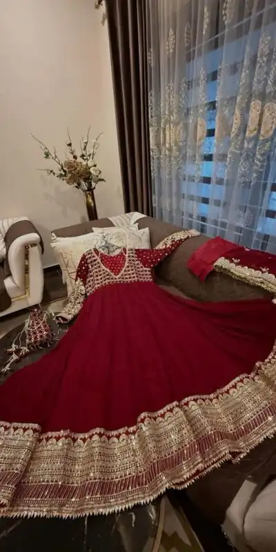 JF 049 Maroon Georgette Gown with Embroidery Work & Sequins Work. Exclusive Offer ₹2149. Delivery 4-6 Working Days. Shop now. | Bollywood Gowns, Creative Gowns, Designer Gowns, Embroidered Gowns, Gowns, Party Wear Gowns