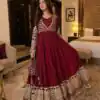 JF 049 Maroon Georgette Gown with Embroidery Work & Sequins Work. Exclusive Offer ₹2149. Delivery 4-6 Working Days. Shop now. | Bollywood Gowns, Creative Gowns, Designer Gowns, Embroidered Gowns, Gowns, Party Wear Gowns