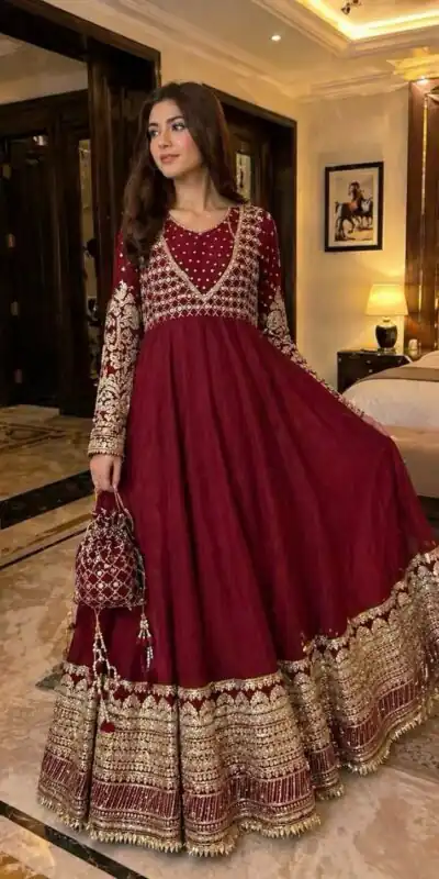 JF 049 Maroon Georgette Gown with Embroidery Work & Sequins Work. Exclusive Offer ₹2149. Delivery 4-6 Working Days. Shop now. | Bollywood Gowns, Creative Gowns, Designer Gowns, Embroidered Gowns, Gowns, Party Wear Gowns