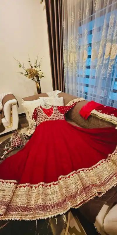 JF 049 Red Georgette Gown with Embroidery Work & Sequins Work. Exclusive Offer ₹2149. Delivery 4-6 Working Days. Shop now. | Bollywood Gowns, Creative Gowns, Designer Gowns, Embroidered Gowns, Gowns, Party Wear Gowns