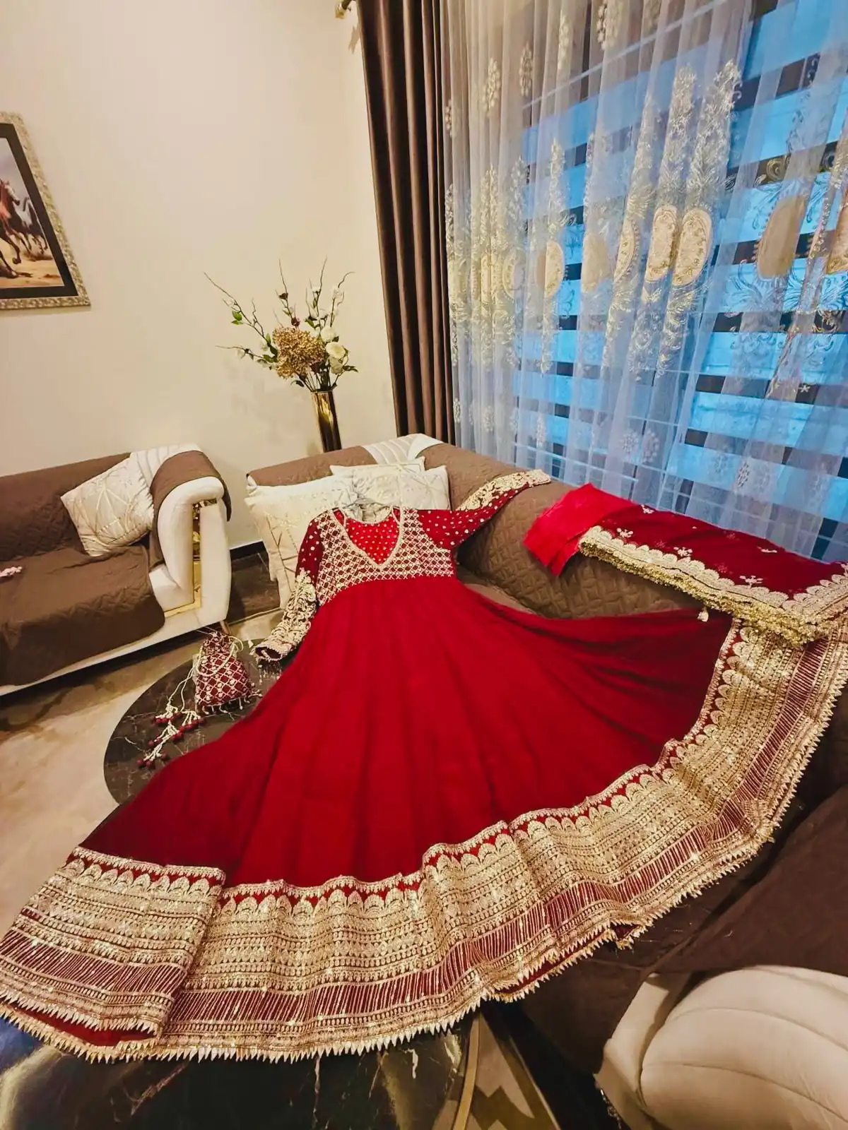 JF 049 Red Georgette Gown with Embroidery Work & Sequins Work. Exclusive Offer ₹2149. Delivery 4-6 Working Days. Shop now. | Bollywood Gowns, Creative Gowns, Designer Gowns, Embroidered Gowns, Gowns, Party Wear Gowns