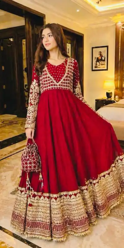 JF 049 Red Georgette Gown with Embroidery Work & Sequins Work. Exclusive Offer ₹2149. Delivery 4-6 Working Days. Shop now. | Bollywood Gowns, Creative Gowns, Designer Gowns, Embroidered Gowns, Gowns, Party Wear Gowns