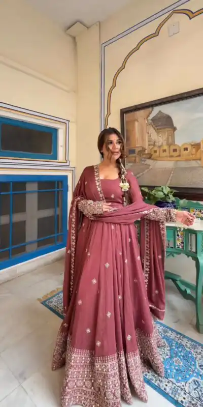 KD1589 Peach Color Mul Chanderi Silk Mul Chanderi Silk Thread Embroidery Gown Delivery 4-6 Working Days. Online Shop now. | Bollywood Gowns, Creative Gowns, Designer Gowns, Embroidered Gowns, Gowns, Party Wear Gowns