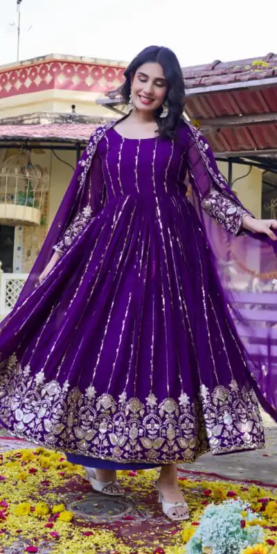 Ram 170 | Purple Fox Georgette Gown with Embroidery Work & Sequins Work. Available at ₹2149 only. Delivery 4-6 Working Days. Shop now. | Bollywood Gowns, Creative Gowns, Designer Gowns, Embroidered Gowns, Gowns, Party Wear Gowns