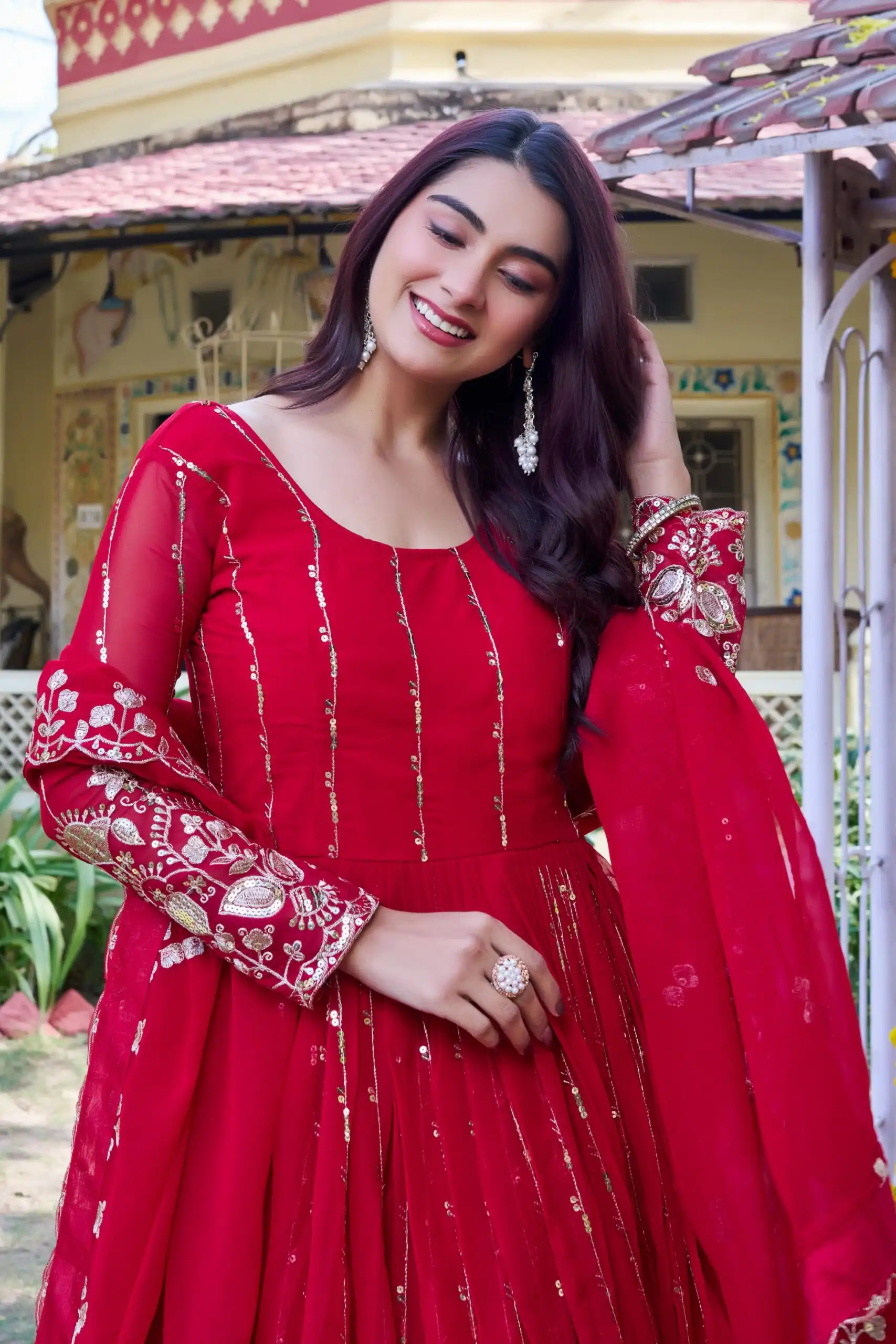 Ram 170 | Red Fox Georgette Gown with Embroidery Work & Sequins Work. Available at ₹2149 only. Delivery 4-6 Working Days. Shop now. | Bollywood Gowns, Creative Gowns, Designer Gowns, Embroidered Gowns, Gowns, Party Wear Gowns