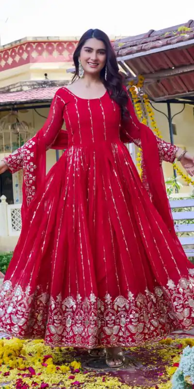 Ram 170 | Red Fox Georgette Gown with Embroidery Work & Sequins Work. Available at ₹2149 only. Delivery 4-6 Working Days. Shop now. | Bollywood Gowns, Creative Gowns, Designer Gowns, Embroidered Gowns, Gowns, Party Wear Gowns