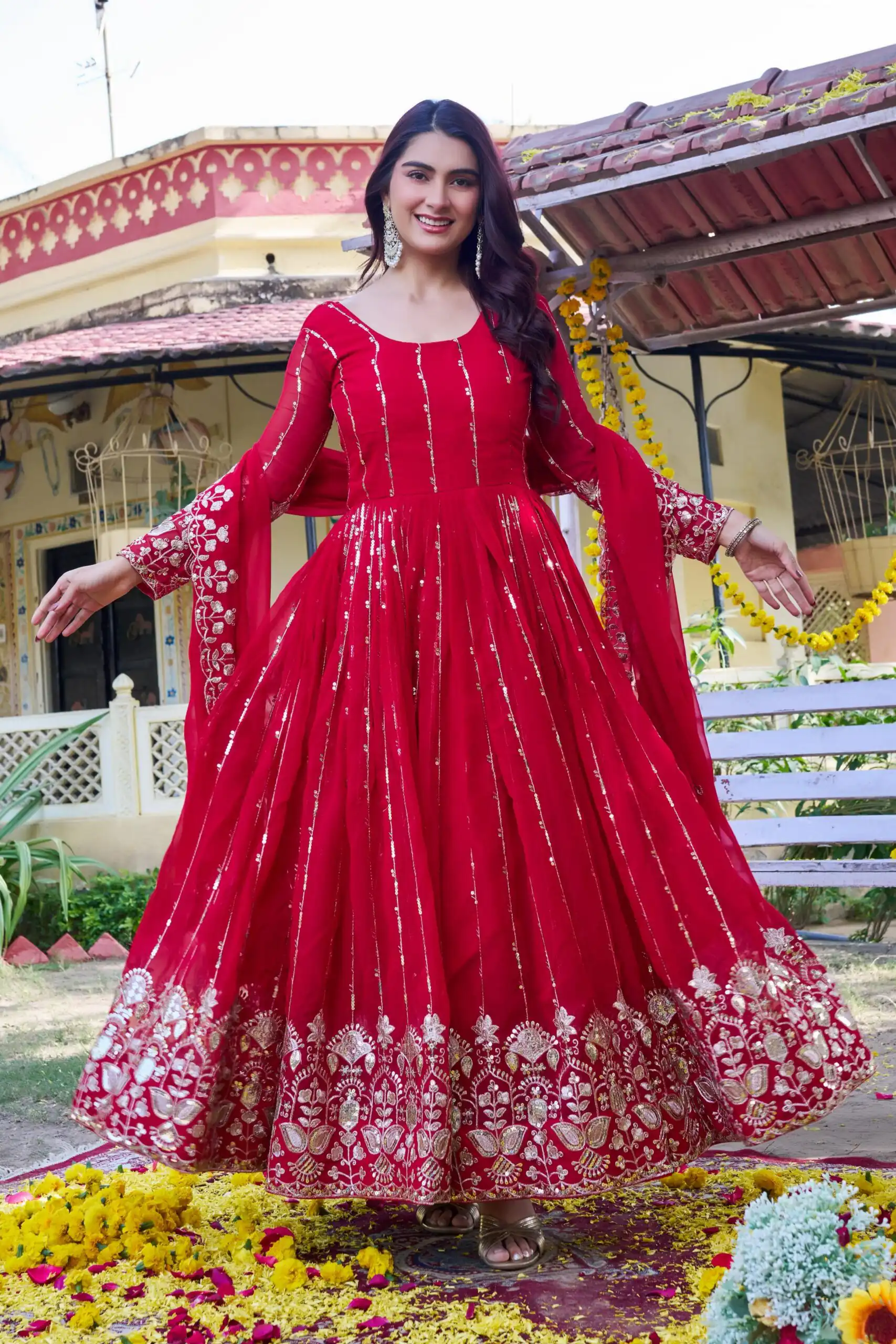 Ram 170 | Red Fox Georgette Gown with Embroidery Work & Sequins Work. Available at ₹2149 only. Delivery 4-6 Working Days. Shop now. | Bollywood Gowns, Creative Gowns, Designer Gowns, Embroidered Gowns, Gowns, Party Wear Gowns