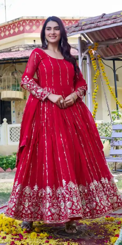Ram 170 | Red Fox Georgette Gown with Embroidery Work & Sequins Work. Available at ₹2149 only. Delivery 4-6 Working Days. Shop now. | Bollywood Gowns, Creative Gowns, Designer Gowns, Embroidered Gowns, Gowns, Party Wear Gowns