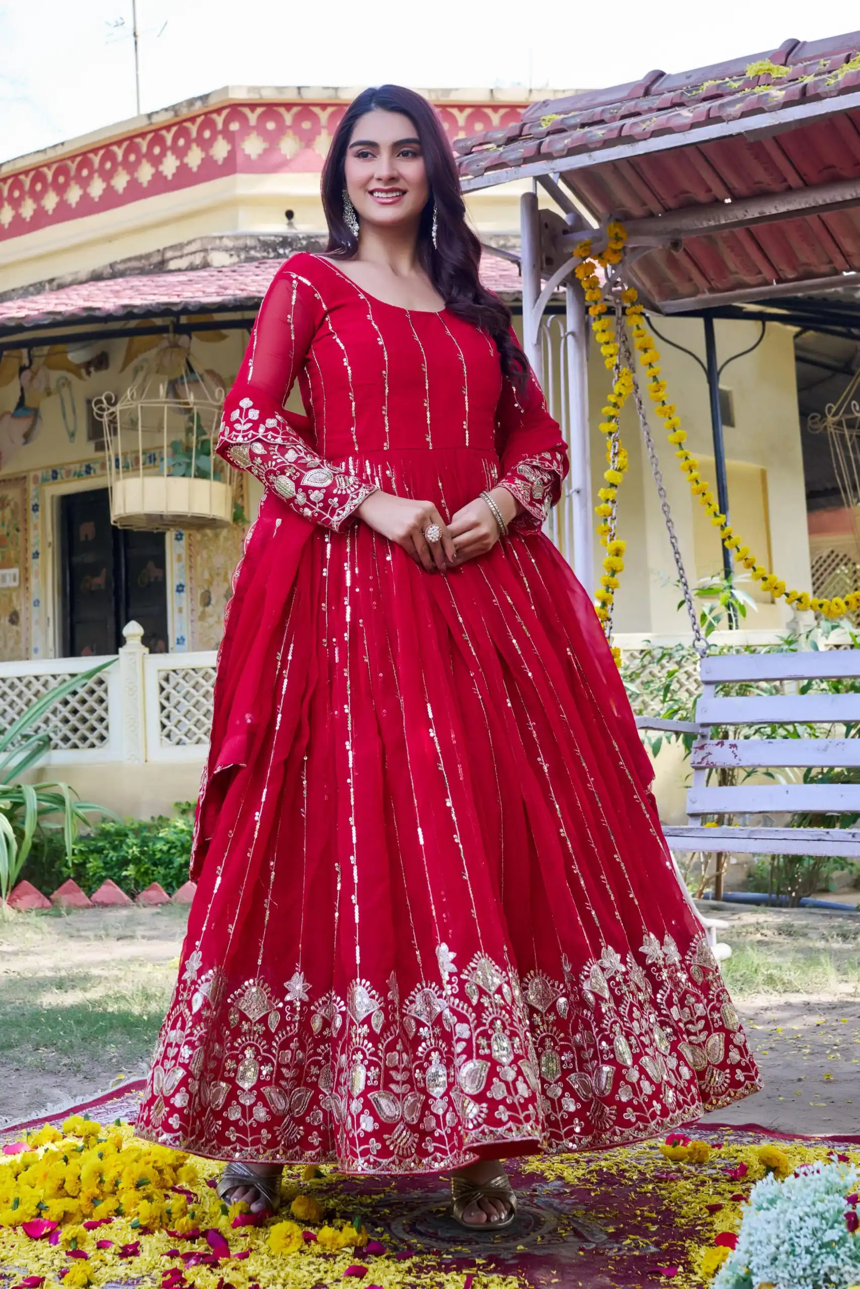 Ram 170 | Red Fox Georgette Gown with Embroidery Work & Sequins Work. Available at ₹2149 only. Delivery 4-6 Working Days. Shop now. | Bollywood Gowns, Creative Gowns, Designer Gowns, Embroidered Gowns, Gowns, Party Wear Gowns