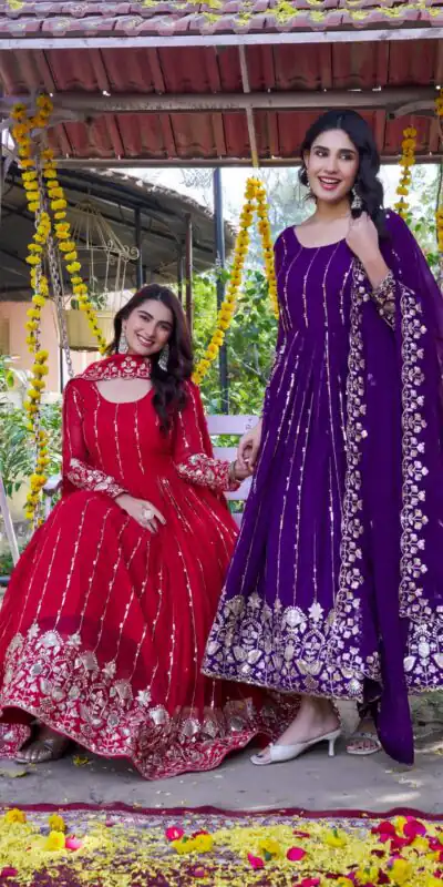 Ram 170 | Red Fox Georgette Gown with Embroidery Work & Sequins Work. Available at ₹2149 only. Delivery 4-6 Working Days. Shop now. | Bollywood Gowns, Creative Gowns, Designer Gowns, Embroidered Gowns, Gowns, Party Wear Gowns
