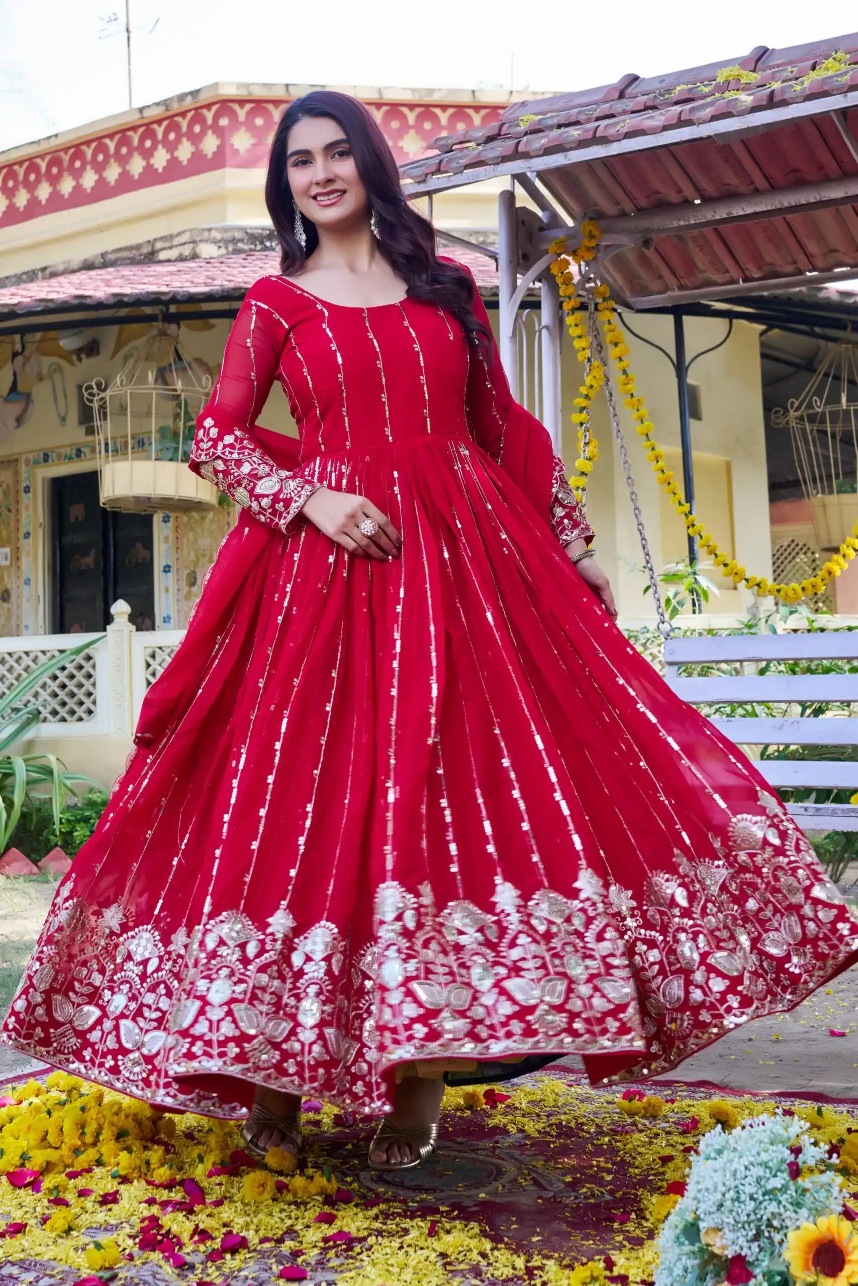 Ram 170 | Red Fox Georgette Gown with Embroidery Work & Sequins Work. Available at ₹2149 only. Delivery 4-6 Working Days. Shop now. | Bollywood Gowns, Creative Gowns, Designer Gowns, Embroidered Gowns, Gowns, Party Wear Gowns