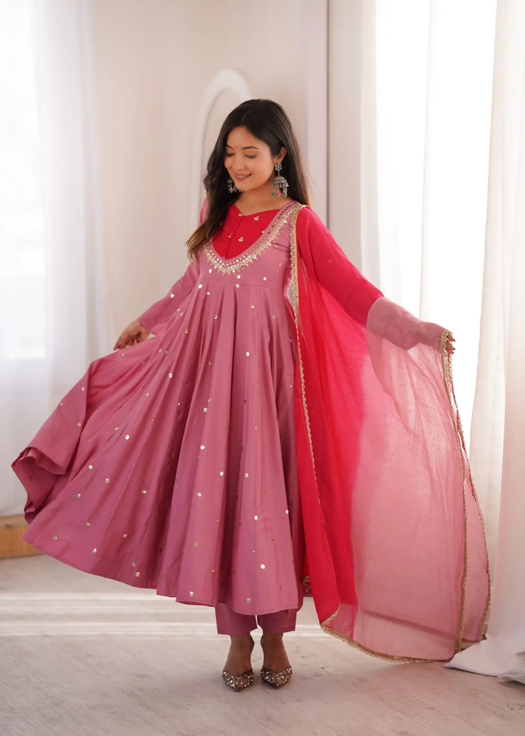 ZF 5023 Pink Roman Silk Gown with Mirror Work & Embroidery Work. Special Price ₹2099. Delivery 4-6 Working Days. Shop now. | Bollywood Gowns, Creative Gowns, Designer Gowns, Embroidered Gowns, Gowns, Party Wear Gowns