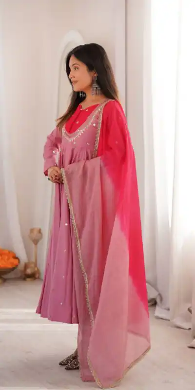 ZF 5023 Pink Roman Silk Gown with Mirror Work & Embroidery Work. Special Price ₹2099. Delivery 4-6 Working Days. Shop now. | Bollywood Gowns, Creative Gowns, Designer Gowns, Embroidered Gowns, Gowns, Party Wear Gowns