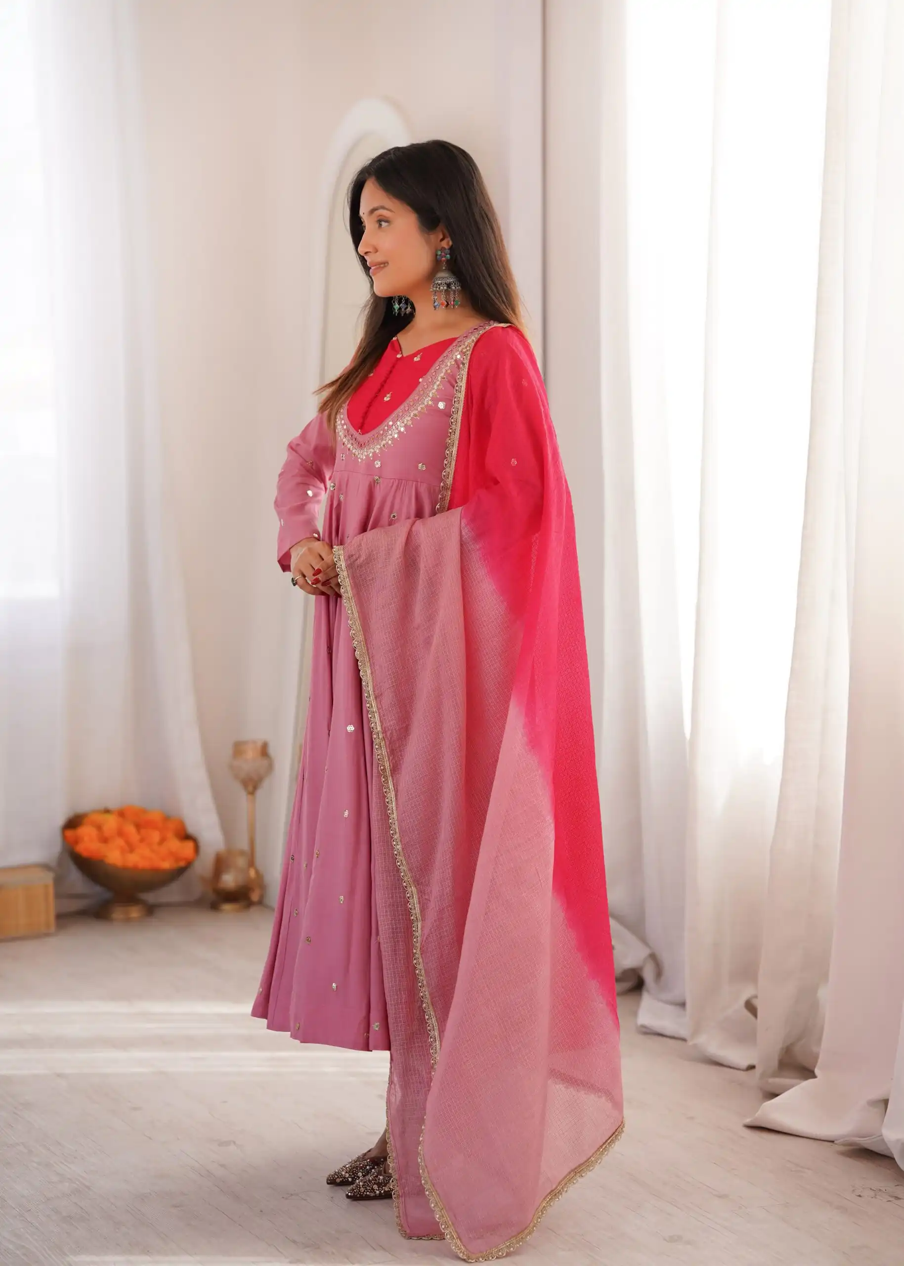 ZF 5023 Pink Roman Silk Gown with Mirror Work & Embroidery Work. Special Price ₹2099. Delivery 4-6 Working Days. Shop now. | Bollywood Gowns, Creative Gowns, Designer Gowns, Embroidered Gowns, Gowns, Party Wear Gowns