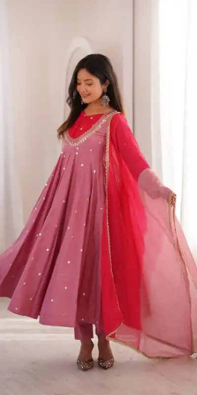 ZF 5023 Pink Roman Silk Gown with Mirror Work & Embroidery Work. Special Price ₹2099. Delivery 4-6 Working Days. Shop now. | Bollywood Gowns, Creative Gowns, Designer Gowns, Embroidered Gowns, Gowns, Party Wear Gowns