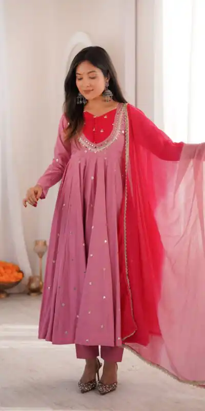 ZF 5023 Pink Roman Silk Gown with Mirror Work & Embroidery Work. Special Price ₹2099. Delivery 4-6 Working Days. Shop now. | Bollywood Gowns, Creative Gowns, Designer Gowns, Embroidered Gowns, Gowns, Party Wear Gowns