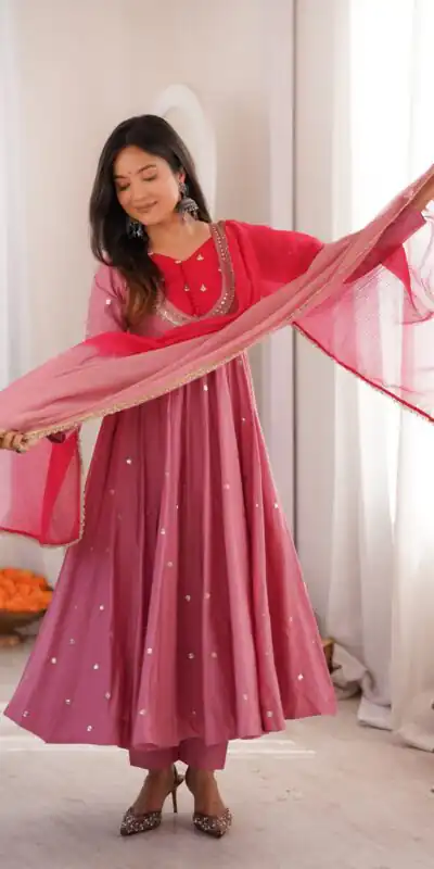 ZF 5023 Pink Roman Silk Gown with Mirror Work & Embroidery Work. Special Price ₹2099. Delivery 4-6 Working Days. Shop now. | Bollywood Gowns, Creative Gowns, Designer Gowns, Embroidered Gowns, Gowns, Party Wear Gowns