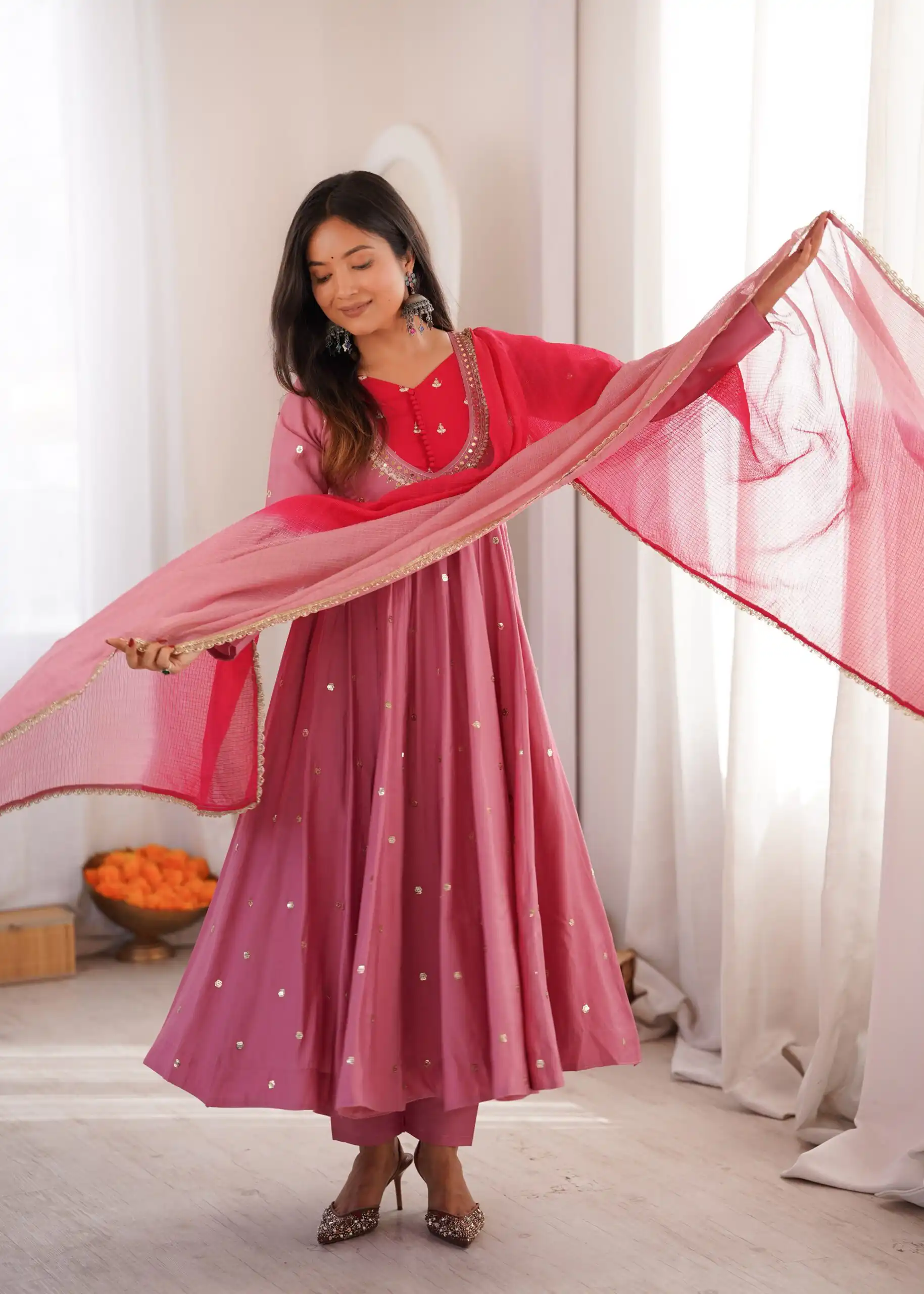 ZF 5023 Pink Roman Silk Gown with Mirror Work & Embroidery Work. Special Price ₹2099. Delivery 4-6 Working Days. Shop now. | Bollywood Gowns, Creative Gowns, Designer Gowns, Embroidered Gowns, Gowns, Party Wear Gowns