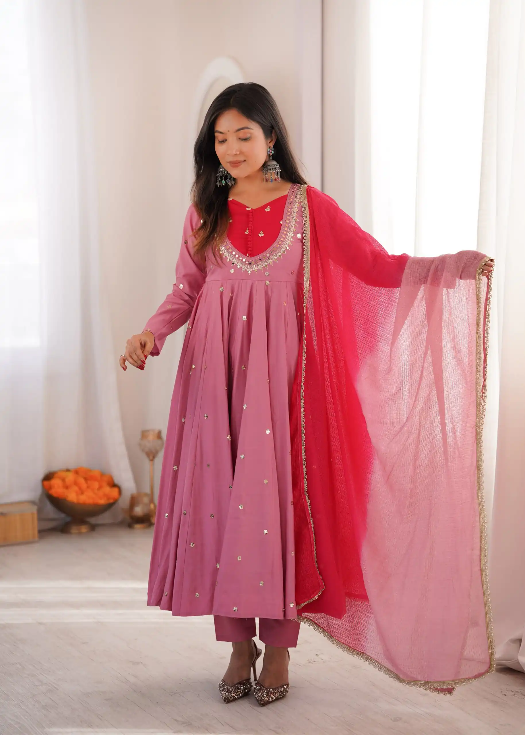 ZF 5023 Pink Roman Silk Gown with Mirror Work & Embroidery Work. Special Price ₹2099. Delivery 4-6 Working Days. Shop now. | Bollywood Gowns, Creative Gowns, Designer Gowns, Embroidered Gowns, Gowns, Party Wear Gowns