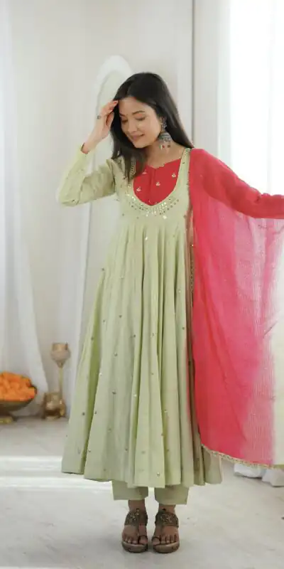 ZF 5023 Pista Roman Silk Gown with Mirror Work & Embroidery Work. Special Price ₹2099. Delivery 4-6 Working Days. Shop now. | Bollywood Gowns, Creative Gowns, Designer Gowns, Embroidered Gowns, Gowns, Party Wear Gowns