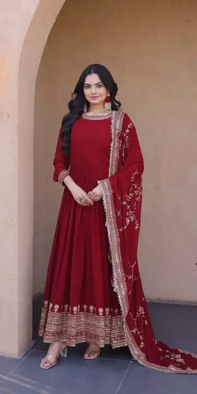 KA 1256 Maroon Faux Blooming Gown Perfect for Wedding, Party, Pongal, Raksha Bandhan, Mehendi –. Introductory Price ₹2549. Delivery 4-6 Working Days | Bollywood Gowns, Creative Gowns, Designer Gowns, Embroidered Gowns, Gowns, Party Wear Gowns