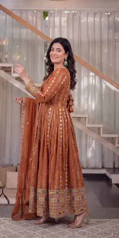 MD 3100 Orange Faux Blooming Gown Perfect for Wedding, Party, Pongal, Raksha Bandhan, Mehendi –. Introductory Price ₹2549. Delivery 4-6 Working Days | Bollywood Gowns, Creative Gowns, Designer Gowns, Embroidered Gowns, Gowns, Party Wear Gowns