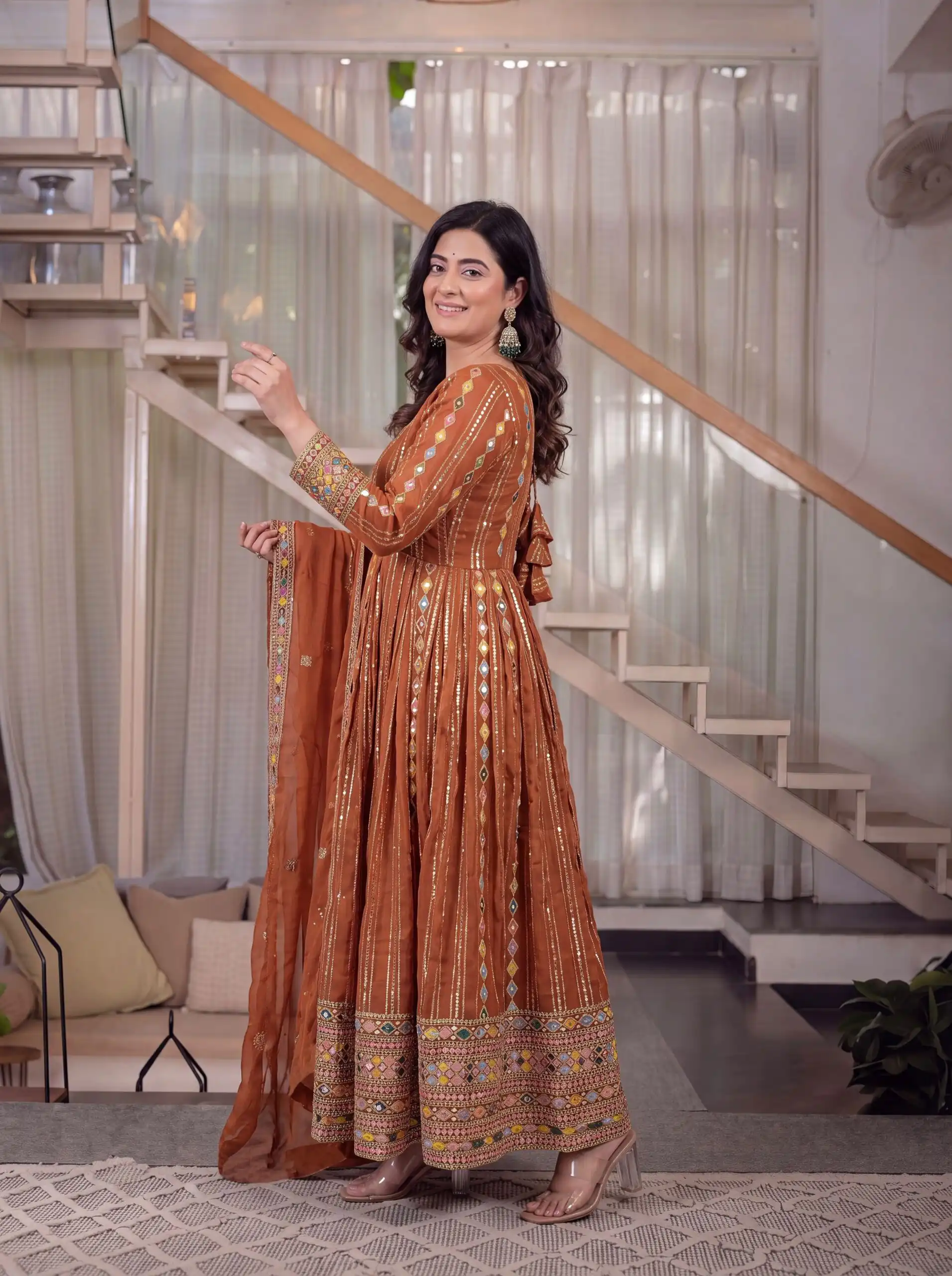 MD 3100 Orange Faux Blooming Gown Perfect for Wedding, Party, Pongal, Raksha Bandhan, Mehendi –. Introductory Price ₹2549. Delivery 4-6 Working Days | Bollywood Gowns, Creative Gowns, Designer Gowns, Embroidered Gowns, Gowns, Party Wear Gowns