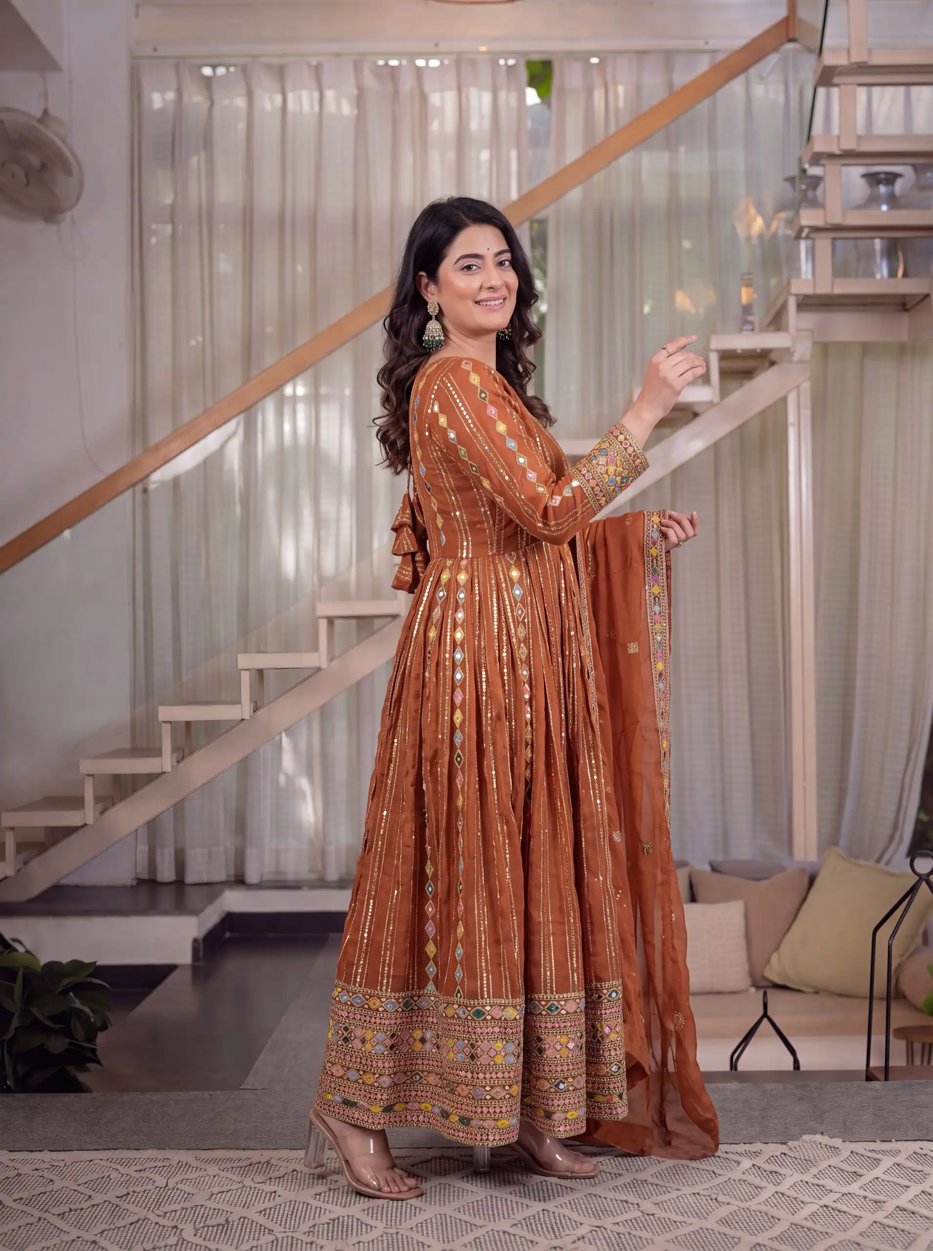 MD 3100 Orange Faux Blooming Gown Perfect for Wedding, Party, Pongal, Raksha Bandhan, Mehendi –. Introductory Price ₹2549. Delivery 4-6 Working Days | Bollywood Gowns, Creative Gowns, Designer Gowns, Embroidered Gowns, Gowns, Party Wear Gowns