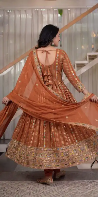 MD 3100 Orange Faux Blooming Gown Perfect for Wedding, Party, Pongal, Raksha Bandhan, Mehendi –. Introductory Price ₹2549. Delivery 4-6 Working Days | Bollywood Gowns, Creative Gowns, Designer Gowns, Embroidered Gowns, Gowns, Party Wear Gowns