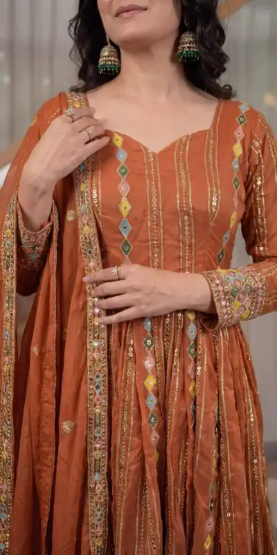 MD 3100 Orange Faux Blooming Gown Perfect for Wedding, Party, Pongal, Raksha Bandhan, Mehendi –. Introductory Price ₹2549. Delivery 4-6 Working Days | Bollywood Gowns, Creative Gowns, Designer Gowns, Embroidered Gowns, Gowns, Party Wear Gowns