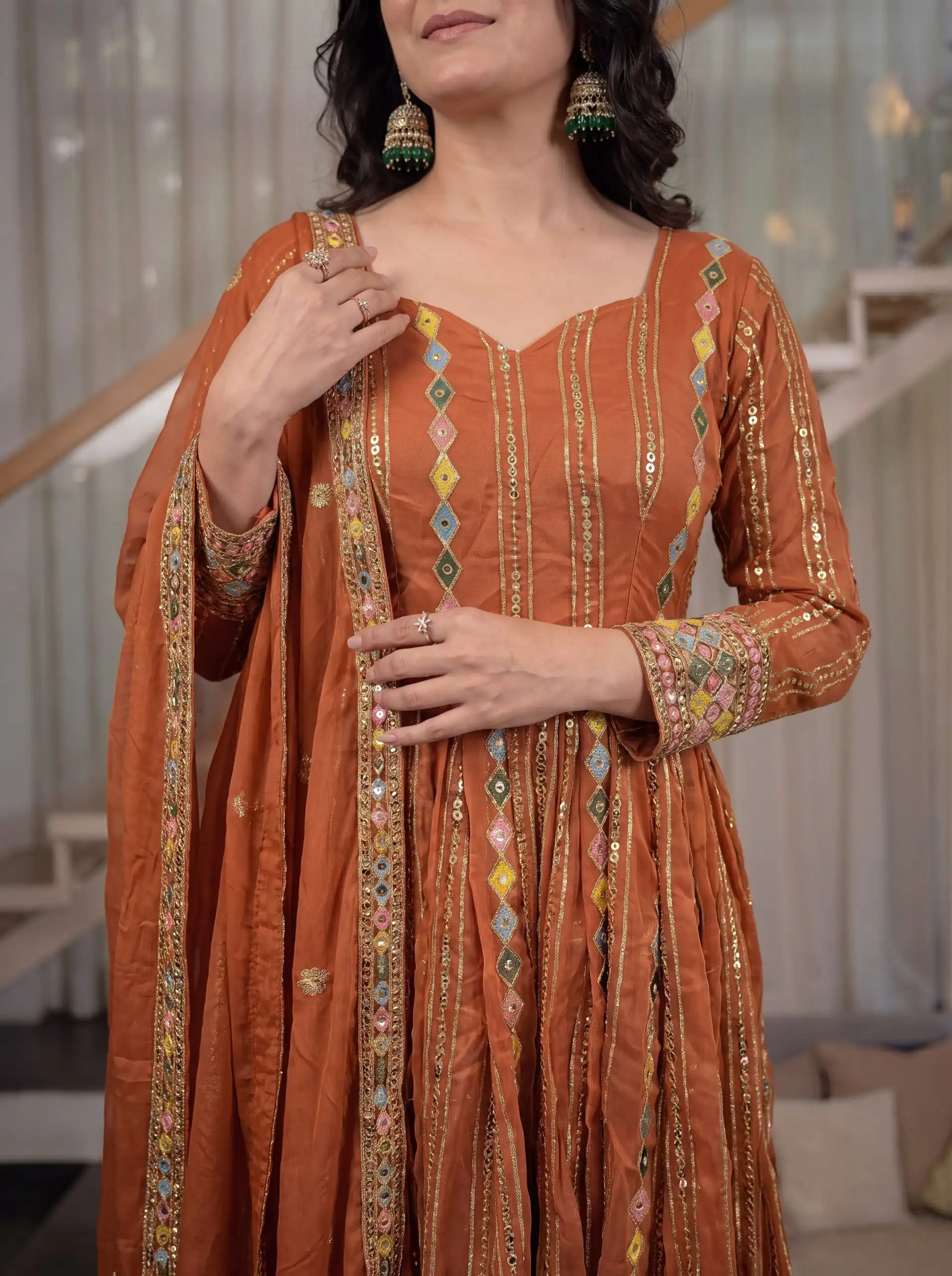 MD 3100 Orange Faux Blooming Gown Perfect for Wedding, Party, Pongal, Raksha Bandhan, Mehendi –. Introductory Price ₹2549. Delivery 4-6 Working Days | Bollywood Gowns, Creative Gowns, Designer Gowns, Embroidered Gowns, Gowns, Party Wear Gowns